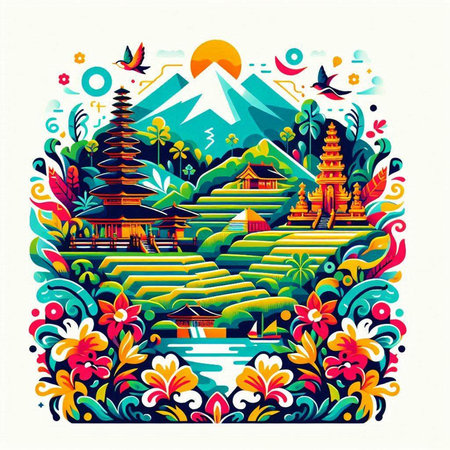 Vector illustration of a beautiful landscape with a lot of flowers, mountains and pagodasのイラスト素材