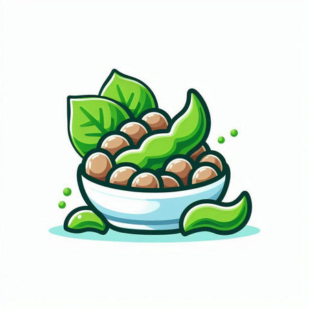 Chickpeas in bowl with green leaves. Vector illustration.のイラスト素材