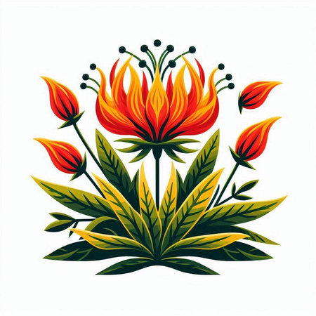 Illustration of a red flower with green leaves on a white backgroundのイラスト素材