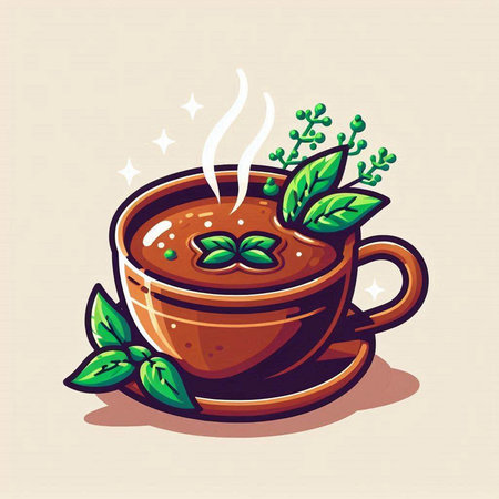 Illustration of a cup of hot coffee with mint leaves and steamのイラスト素材