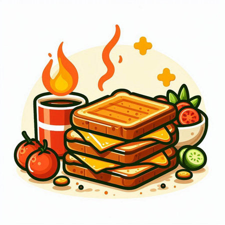 Illustration of a stack of toasted bread with tomatoes and honeyのイラスト素材