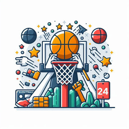 Basketball sport concept. Vector line art illustration of basketball ball, hoop, basket, ball, game board, ball, and other elements.のイラスト素材