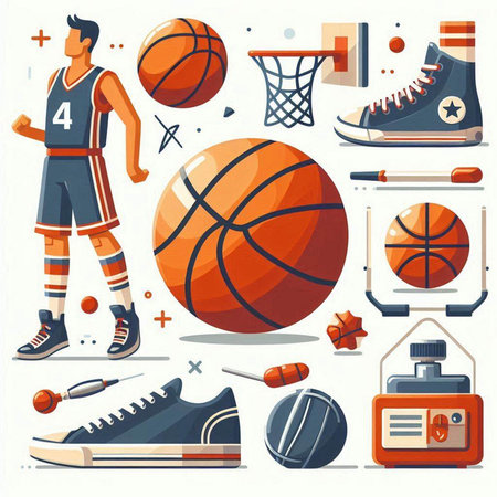 Basketball sport flat icons set with basketball player equipment isolated vector illustrationのイラスト素材