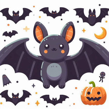 Halloween background with bats and pumpkin. Cute cartoon vector illustration.のイラスト素材