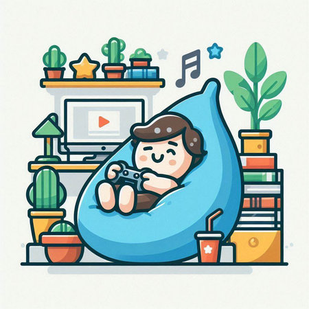 Boy playing video games on the couch. Vector illustration in cartoon style.のイラスト素材