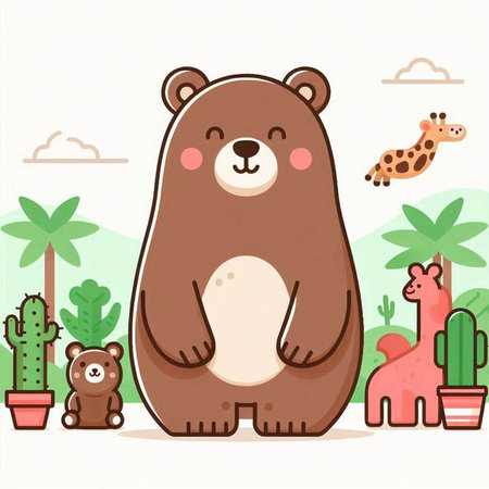 Cute cartoon bear in the jungle. Vector illustration in flat styleのイラスト素材