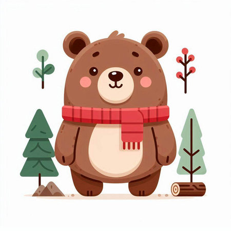 Cute cartoon bear in scarf and mittens. Vector illustration.のイラスト素材