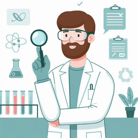 Scientist with magnifying glass in the laboratory. Vector illustration.のイラスト素材