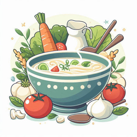 Vector illustration of a bowl of soup with vegetables, herbs and spices.のイラスト素材