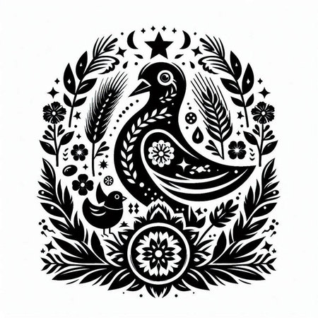 Russian folk art. Black and white vector illustration in Ukrainian folk style.のイラスト素材