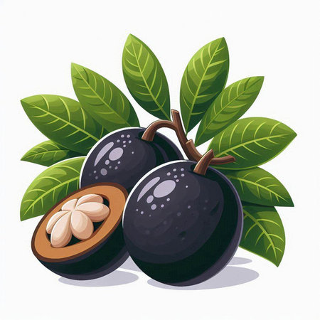 Mangosteen fruits with leaves on white background. Vector illustration.のイラスト素材