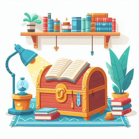 Illustration of a wooden treasure chest with a hat, a flashlight, a bottle of rum, a blanket, a cactus, a cactus in a pot, a cactus.のイラスト素材