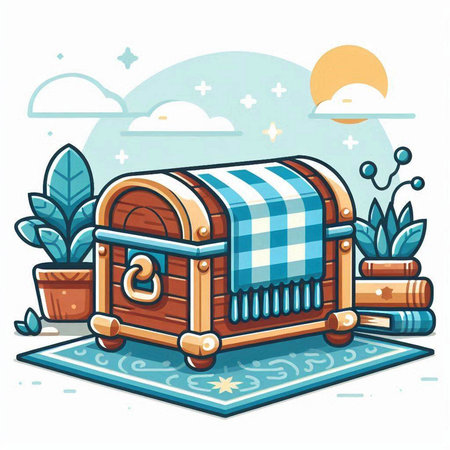 Illustration of a cartoon wooden chest with a checkered roof.のイラスト素材