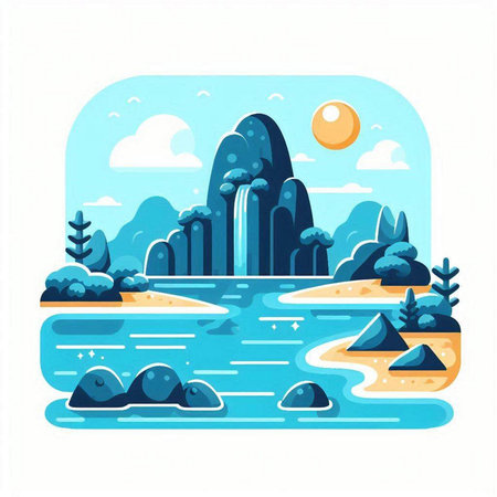 Landscape with mountains and river. Vector illustration in flat style.のイラスト素材