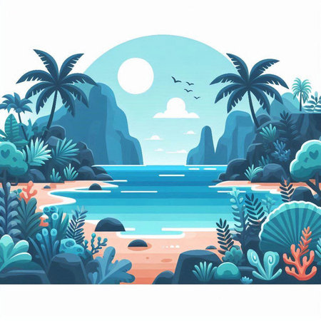 Sea landscape with palms and rocks. Vector illustration in cartoon style.のイラスト素材