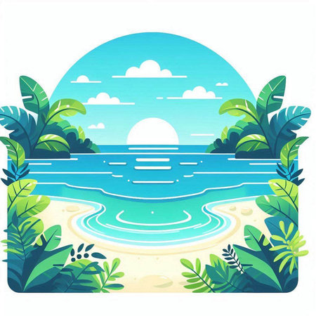 Tropical beach with palm trees and sea. Vector illustration.のイラスト素材