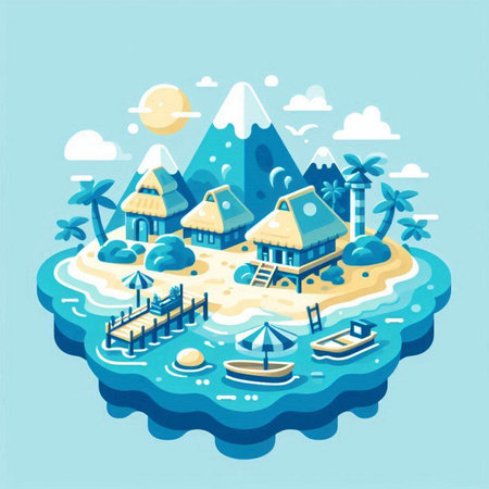 Illustration of a tropical island with palm trees, bungalows, beach, sun and clouds. Flat design vector illustration.のイラスト素材