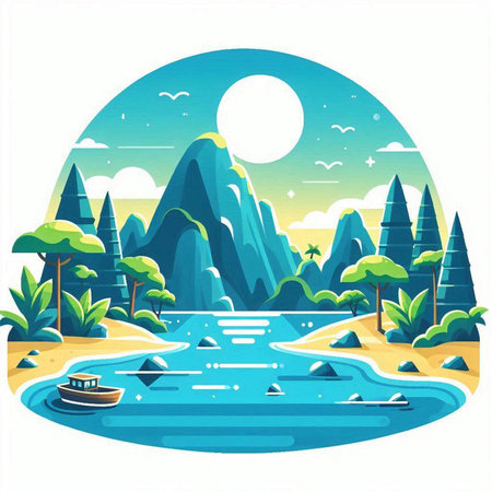 Waterfall on a tropical island. Vector illustration in flat style.のイラスト素材