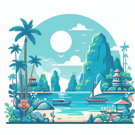 Tropical island with palm trees and boat. Vector illustration.のイラスト素材