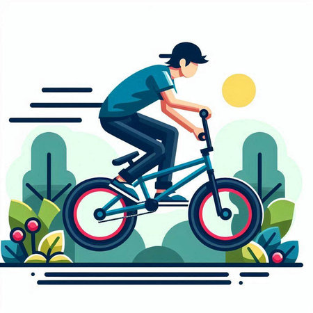 Cyclist riding a bicycle in the park. Flat vector illustration.のイラスト素材