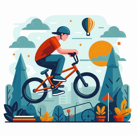 Cyclist riding bicycle in the park. Flat vector illustration.のイラスト素材