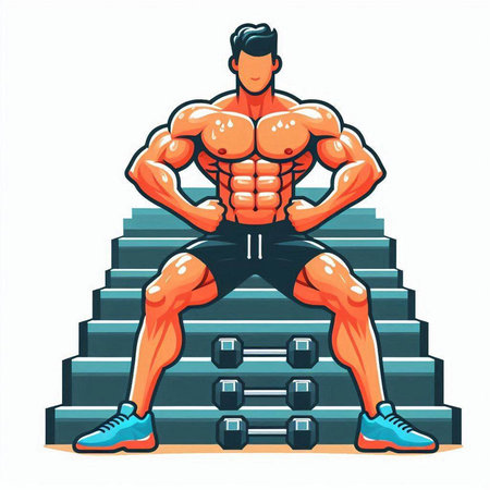 Muscular man standing on the stairs. Vector illustration in cartoon styleのイラスト素材