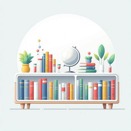 Bookshelf with books, globe and plants. Vector illustration.のイラスト素材