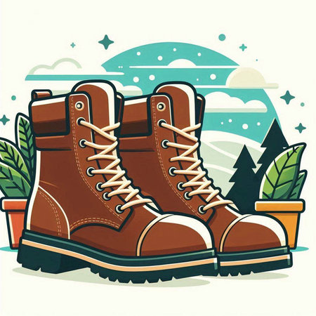 Hiking boots on the background of the mountains. Vector illustration.のイラスト素材