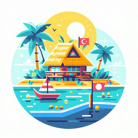 Bungalows on the beach. Vector illustration in flat styleのイラスト素材