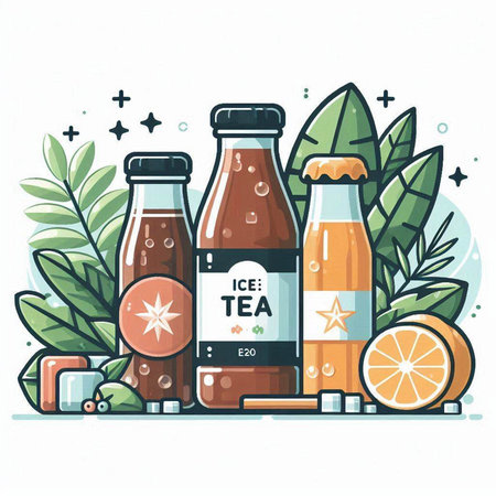 Vector illustration of a bottle of kombucha with fruits and vegetables.のイラスト素材