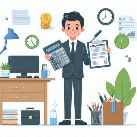 Businessman with calculator in office. Vector illustration in cartoon style.のイラスト素材