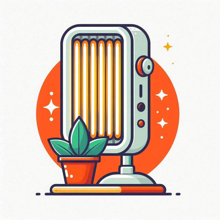 Illustration of a retro electric heater with a flower in a potのイラスト素材