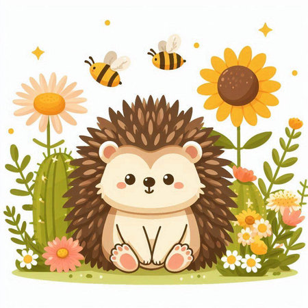 Cute hedgehog with flowers. Vector illustration in cartoon style.のイラスト素材