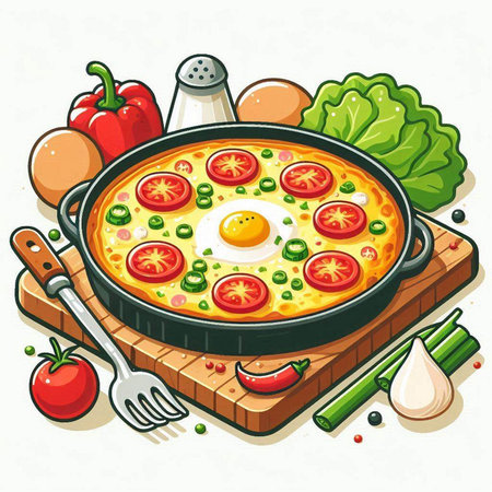 Illustration of fried eggs with vegetables and spices in a frying panのイラスト素材