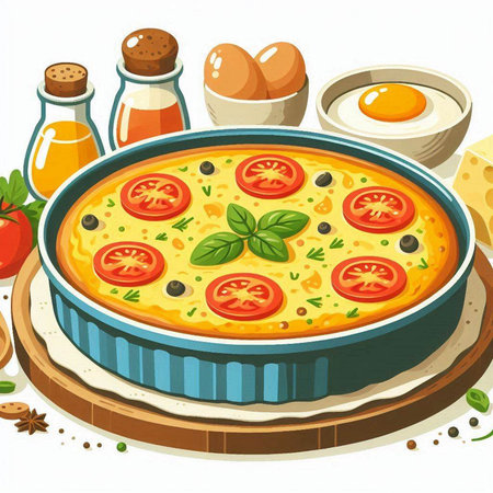 Illustration of a pan of omelette with tomatoes and olivesのイラスト素材