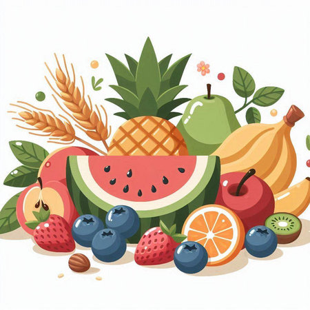Fruits and berries vector illustration. Healthy food background. Fresh fruits and berries.のイラスト素材