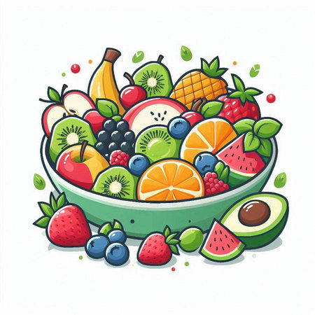 Vector illustration of fresh fruit salad in bowl isolated on white background.のイラスト素材