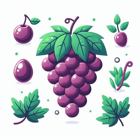 Grapes with leaves and berries. Vector illustration in cartoon style.のイラスト素材