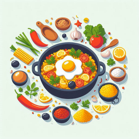 Seafood, vegetables, eggs in a frying pan. Vector illustrationのイラスト素材
