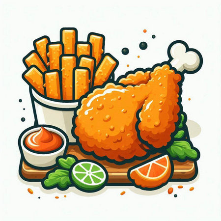 Fried chicken with french fries and ketchup. Vector illustration.のイラスト素材