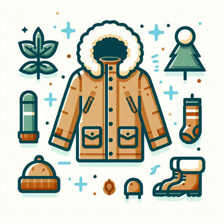 Winter clothes flat icons set. Jacket, scarf, cap, boots, snowflakes. Vector illustrationのイラスト素材