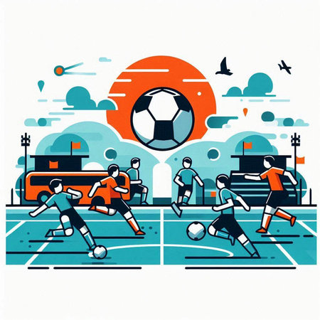 Soccer match in flat style. Soccer players in action, vector illustrationのイラスト素材
