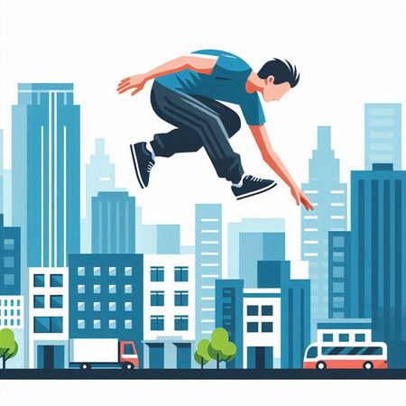 Vector illustration of young man jumping in the city. Flat style.のイラスト素材
