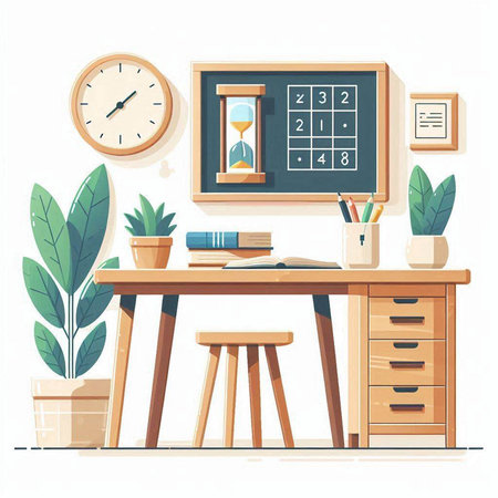 Office workplace. Workplace with desk, chair, books and clock. Flat vector illustration.のイラスト素材