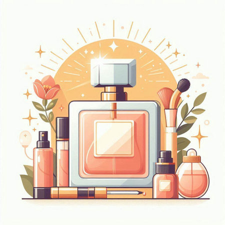 Vector illustration of perfume bottle and make up products. Flat style.のイラスト素材