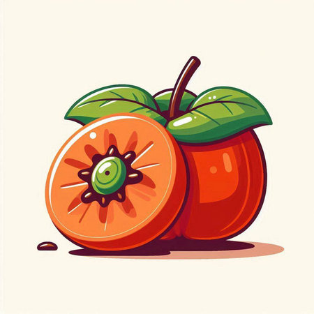 Ripe persimmon fruit with green leaves. Vector illustration.のイラスト素材