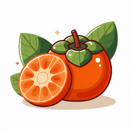 Persimmon fruit with leaves isolated on white background. Vector illustration.のイラスト素材