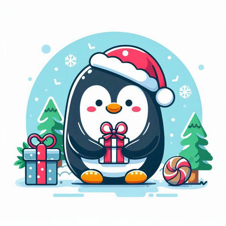 Cute penguin with christmas gift. Vector cartoon illustration.のイラスト素材