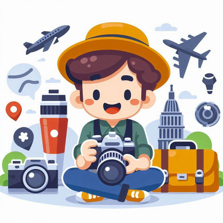Tourist man with camera. Vector illustration in flat cartoon style.のイラスト素材