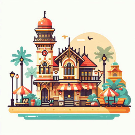 Vector illustration of a street cafe on the island of Sri Lanka.のイラスト素材